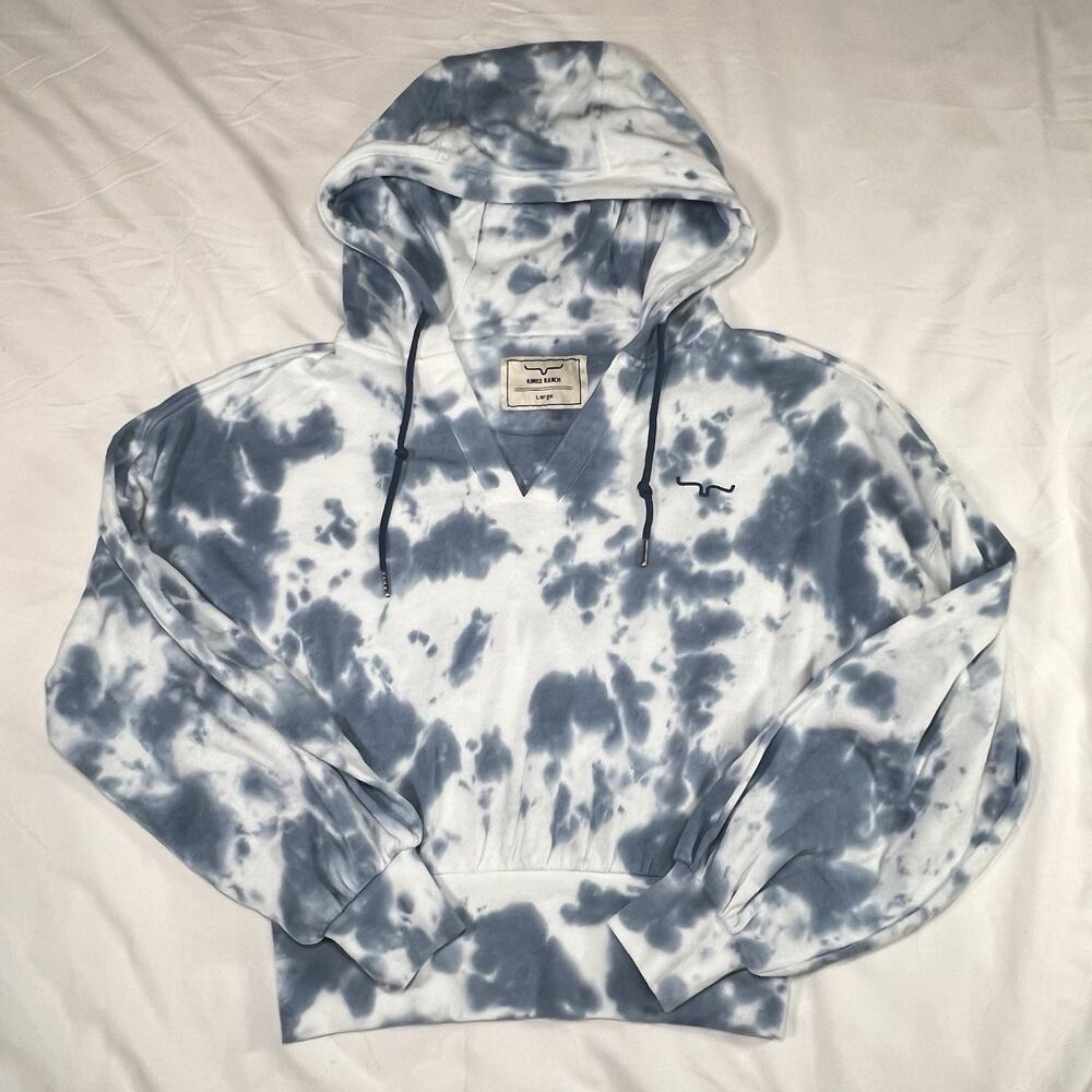 Kimes Ranch Monterey Hoodie Womens Size L Blue White Tie Dye Cropped Western Top